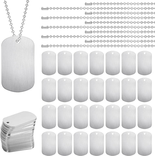 100 Pcs Military Dog Tags Set, 50 Pcs Aluminum Blank Dog Tags, 50 Pcs Iron Necklace Chain, Engraved for Pets, Perfect for DIY Decorative Craft Pet ID Tags, Silver