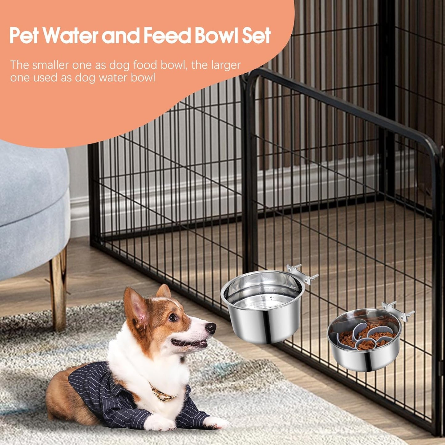 2 Pcs Large Pet Dog Food Water Bowl with Slow Feeder Insert for Cage, Crate Stainless Steel Non-Spill Kennel Hanging Cat Bowls with Clamp Holder for Medium Large Dogs (7.1x3.5'' & 6.3x2.6'')