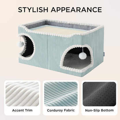 Bedsure Extra Wide Cat House 23.6x15.9x12.6inches, Blue with Bedsure Dog Blankets for Small Dogs Washable White, 25x35IN