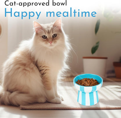 Raised Cat Bowl - Blue Striped Elevated Ceramic Food and Water Dish, Wide Shallow Design for Whisker Fatigue Relief, Dishwasher Safe
