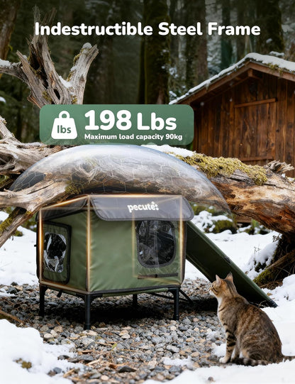 Pecute Heated Outdoor Cat House with Heating Pad - Weatherproof Insulated Winter Shelter for Outside Feral Cats, Cathouse with 2 Exits, Reinforced Metal Frame, Expanded Canopy for Porch Garage Barn