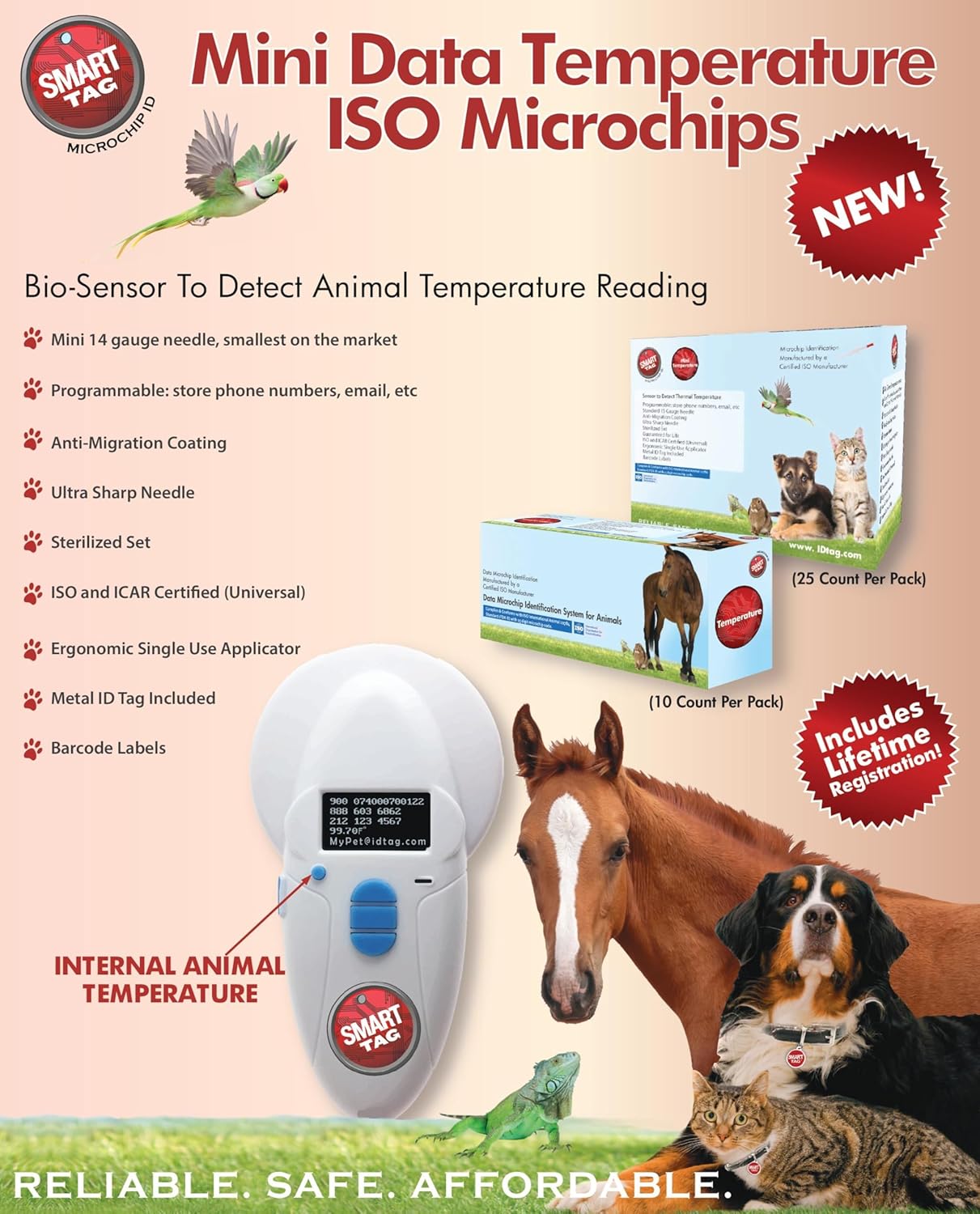 Mini ISO Data Microchip with Temperature Biosensor, Lifetime Pet Recovery Service/Free Registration, Implanter & ID Tag for Dogs, Cats & All Animals, 14 Gauge/Reusable Poly-Bag/10 Pack