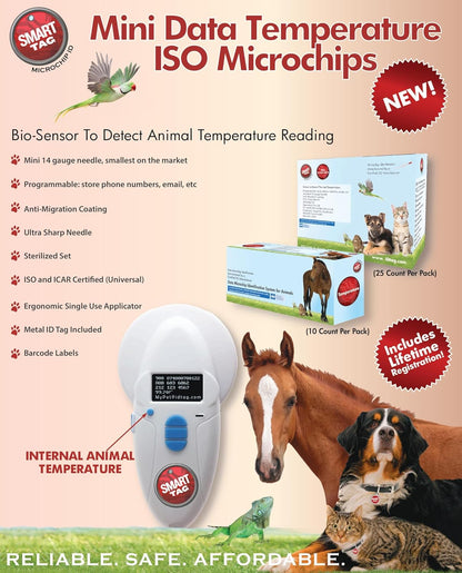 Mini ISO Data Microchip with Temperature Biosensor, Lifetime Pet Recovery Service/Free Registration, Implanter & ID Tag for Dogs, Cats & All Animals, 14 Gauge/Reusable Poly-Bag/10 Pack