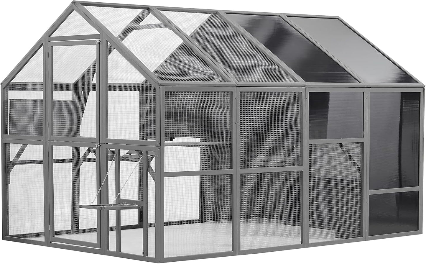KEIKI Luxury Wooden Cat Cage Outdoor Cat Catio Enclosure 56ft²Extra Large Kitten Run House for Multiple Pets, Walk in Kitten Kennel with Bouncy Bridge, Platforms, Resting Houses, UV Resistant, Gray