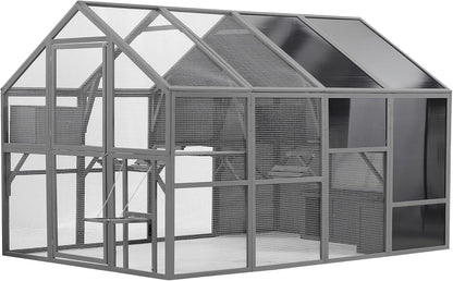 KEIKI Luxury Wooden Cat Cage Outdoor Cat Catio Enclosure 56ft²Extra Large Kitten Run House for Multiple Pets, Walk in Kitten Kennel with Bouncy Bridge, Platforms, Resting Houses, UV Resistant, Gray