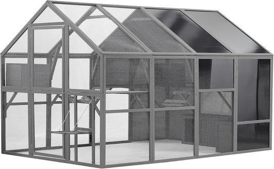KEIKI Luxury Wooden Cat Cage Outdoor Cat Catio Enclosure 56ft²Extra Large Kitten Run House for Multiple Pets, Walk in Kitten Kennel with Bouncy Bridge, Platforms, Resting Houses, UV Resistant, Gray
