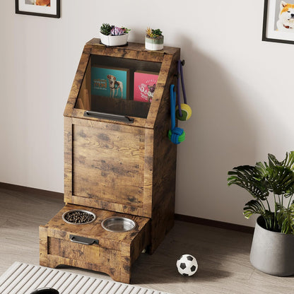 Dog Feeding Station with 2 Elevated Dog Bowls, Pet Feeding Station with Storage Cabinet Organizer, Flip-Up Lid, Anti-Toppling Design, for Pet Food and Pet Supplies, Rustic Brown