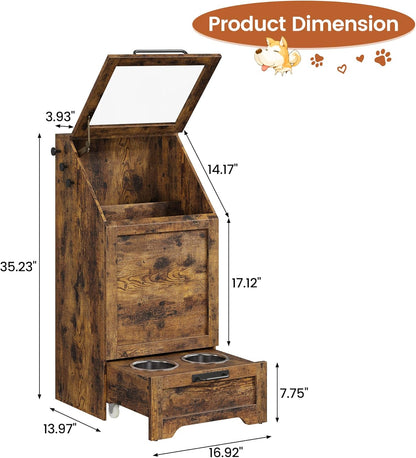 Dog Feeding Station with 2 Elevated Dog Bowls, Pet Feeding Station with Storage Cabinet Organizer, Flip-Up Lid, Anti-Toppling Design, for Pet Food and Pet Supplies, Rustic Brown
