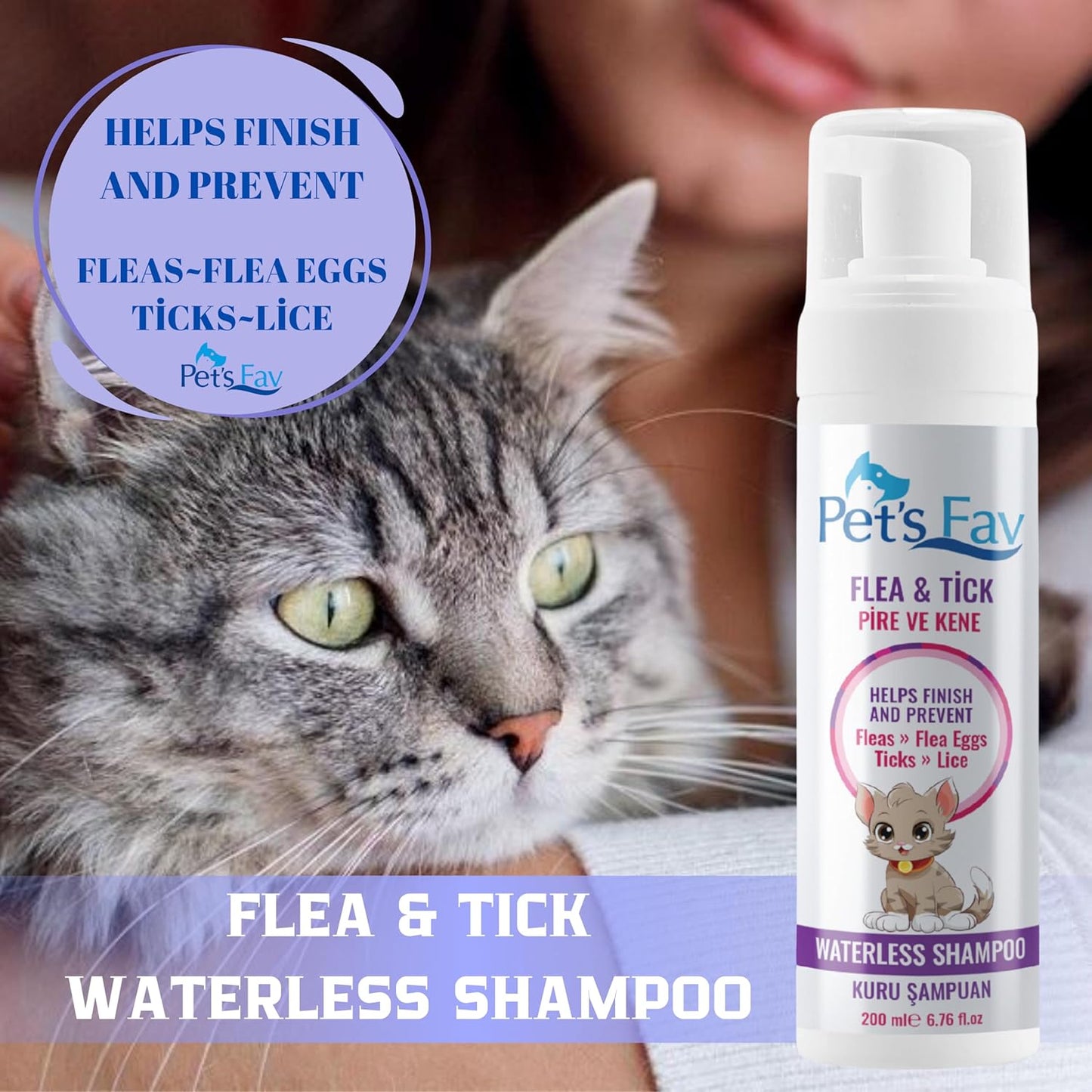 Flea & Tick Waterless Cat Shampoo - Natural Dry Foam for Cats & Kittens