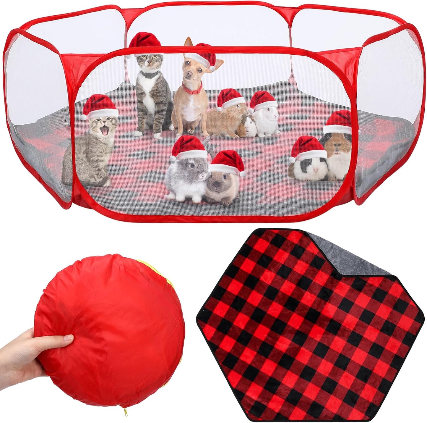 VitalCozy Hamster Playpen with Mat Small Animal Cage Tent Breathable Transparent Guinea Pig Playpen Waterproof Portable Yard Fence Mat Foldable Exercise Cage Outdoor Indoor (Red,Christmas Plaid)