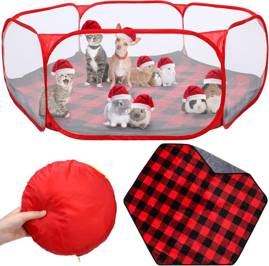 VitalCozy Hamster Playpen with Mat Small Animal Cage Tent Breathable Transparent Guinea Pig Playpen Waterproof Portable Yard Fence Mat Foldable Exercise Cage Outdoor Indoor (Red,Christmas Plaid)