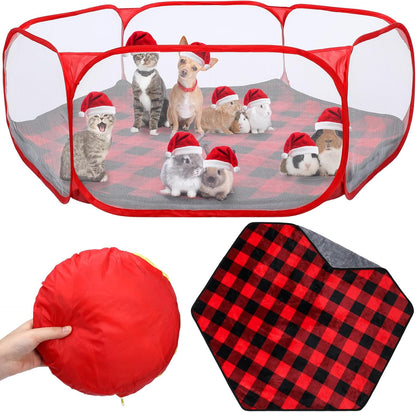 VitalCozy Hamster Playpen with Mat Small Animal Cage Tent Breathable Transparent Guinea Pig Playpen Waterproof Portable Yard Fence Mat Foldable Exercise Cage Outdoor Indoor (Red,Christmas Plaid)