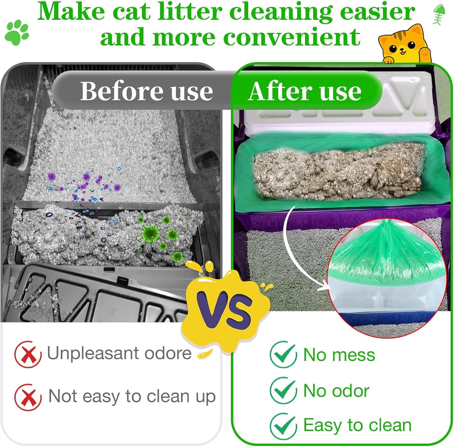 Litter Box Liners Compatible with LitterMaid/Nature's Miracle Waste Receptacles, Green Unscented 220 Refill Bags with Handles Use in Self-Cleaning Litter Box Waste Trays