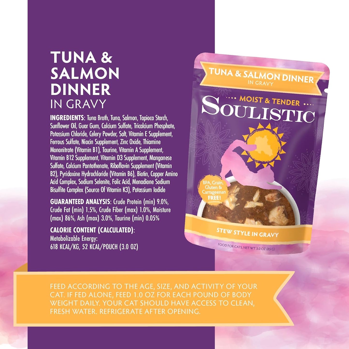 Soulistic Moist and Tender, Tuna and Salmon Dinner in Gravy, 3oz Pouch, Pack of 8