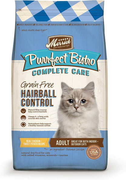 Merrick Purrfect Bistro Grain Free Natural Dry Cat Food for Adult Cats, Complete Care Hairball Control Recipe - 4 lb. Bag
