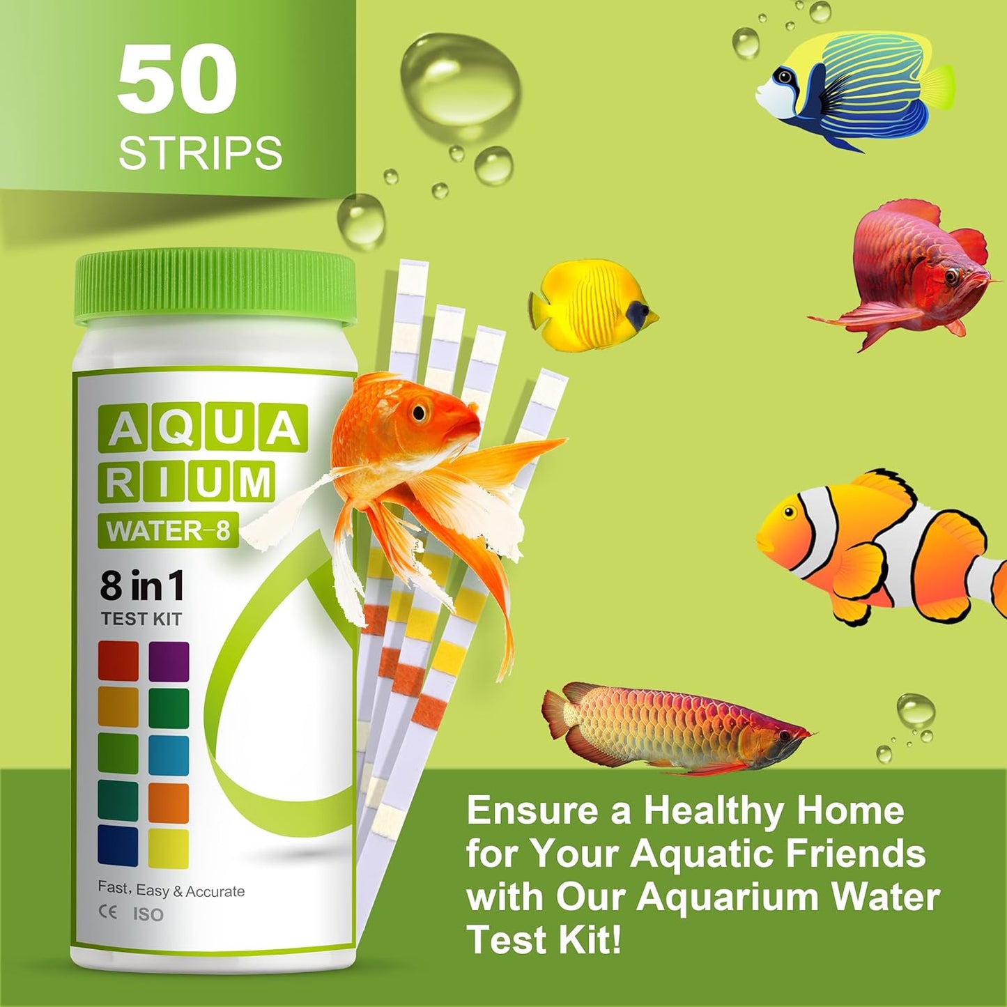 AAwipes 8-in-1 Aquarium Test Kit for Fish Tanks - Quick & Accurate Water Testing Strips for Aquariums & Ponds. Tests pH, Ammonia, Alkalinity, Hardness, Chlorine, etc. (K02-50)