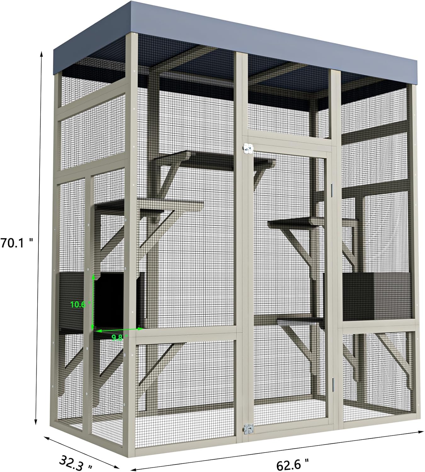 KEIKI 62.6" Outdoor Wooden Catio for Cats, Large Cat Shelter Enclosure with Platforms, Cat Houses with Secure Rust-Proof Wire and Upgrade, Waterproof CoverPet Cage for Patio or Backyard