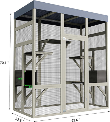 KEIKI 62.6" Outdoor Wooden Catio for Cats, Large Cat Shelter Enclosure with Platforms, Cat Houses with Secure Rust-Proof Wire and Upgrade, Waterproof CoverPet Cage for Patio or Backyard