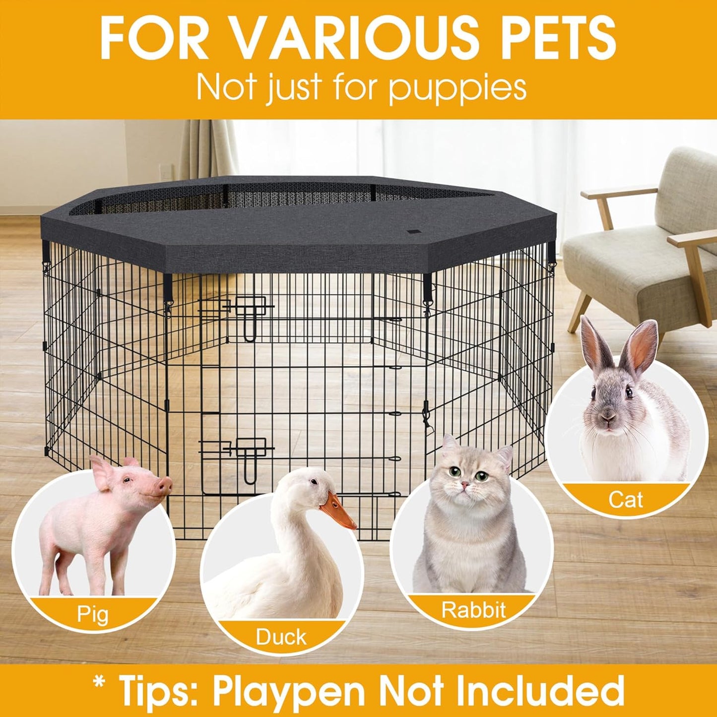 Dog Pen Pet Playpen Dog Fence Pad Indoor Foldable Metal Wire Exercise Puppy Play Yard Pet Enclosure Cover Outdoor (Only Top Cover, Playpen Not Included)