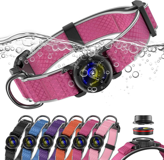 AirTag Dog Collar with QR Code ID & Waterproof Holder - Reflective, Durable Padded Oxford Collar Compatible with Apple AirTags for Medium Dogs (Rose Red, M)