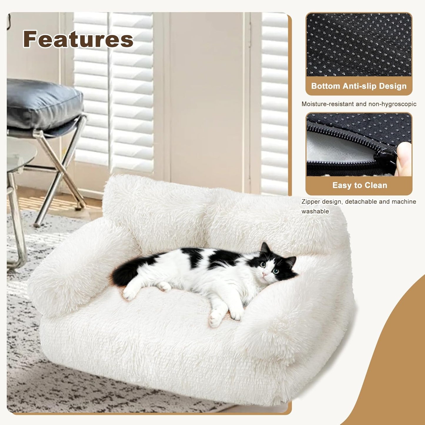 Large Cat Beds for Indoor Cats, Dog Couch Bed, Cute Cat Couch Sofas for Less 20lbs Kitten Puppy, Small Dog Sofas & Chairs with Removable Washable Cover, Soft Warm Pet Furniture, Plush White