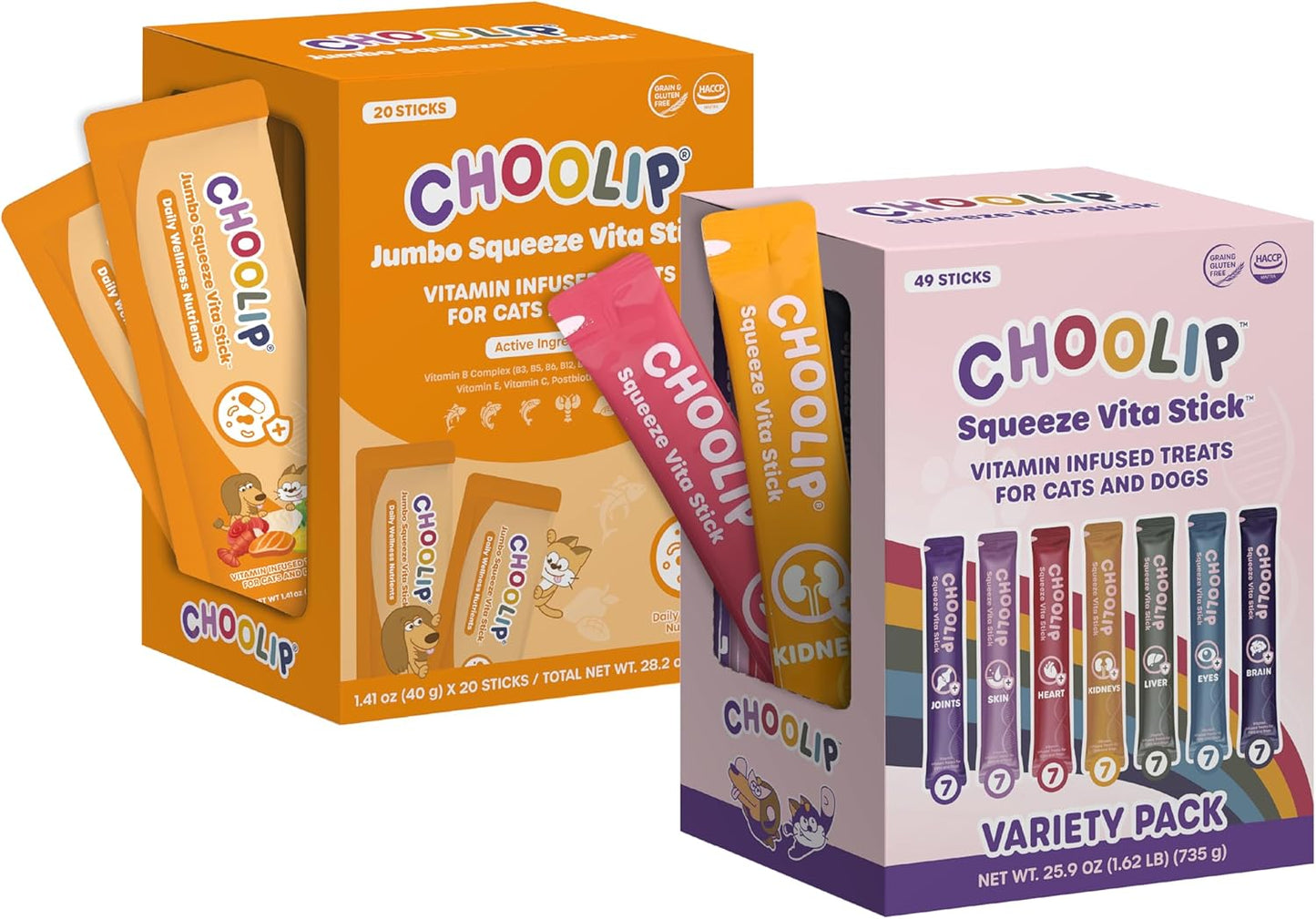 Choolip Bundle | 20pc Jumbo Squeeze Vita Sticks with Essential multivitamins + 49 Variet Pack Squeeze Vita Sticks with Essential multivitamins [Both Products are for Cats & Dogs of All Life Stages]