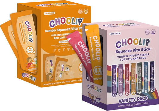 Choolip Bundle | 20pc Jumbo Squeeze Vita Sticks with Essential multivitamins + 49 Variet Pack Squeeze Vita Sticks with Essential multivitamins [Both Products are for Cats & Dogs of All Life Stages]