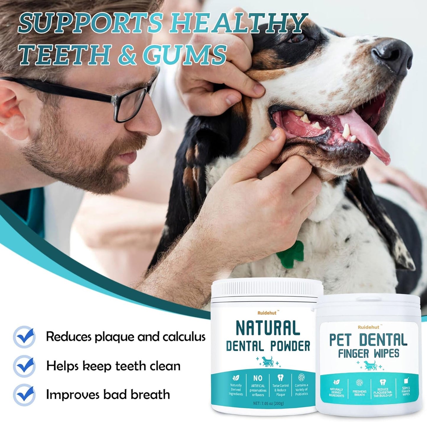 Dog Dental Kit, Dental Powder Contains Probiotics That Solve Bad Breath Through Internal Digestion, Finger Wipes Remove Plaque and Tartar from The Surface (50 Count & 7.05oz)