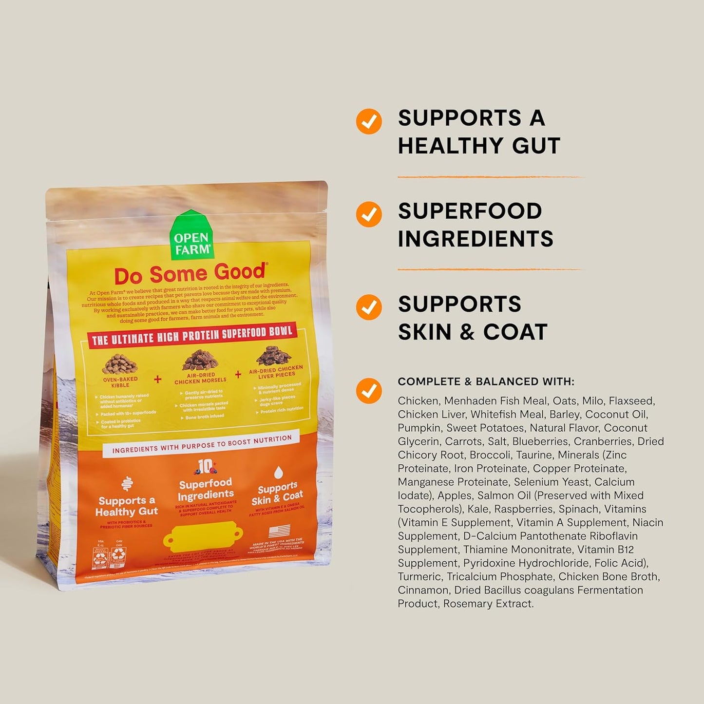 Open Farm, Epic Blend High Protein Dry Dog Food, Probiotic Coated & Bone Broth Infused Kibble with Air Dried Meat & Organs, Minimally Processed & Nutrient Dense, Chicken & Superfood Recipe, 18lb Bag