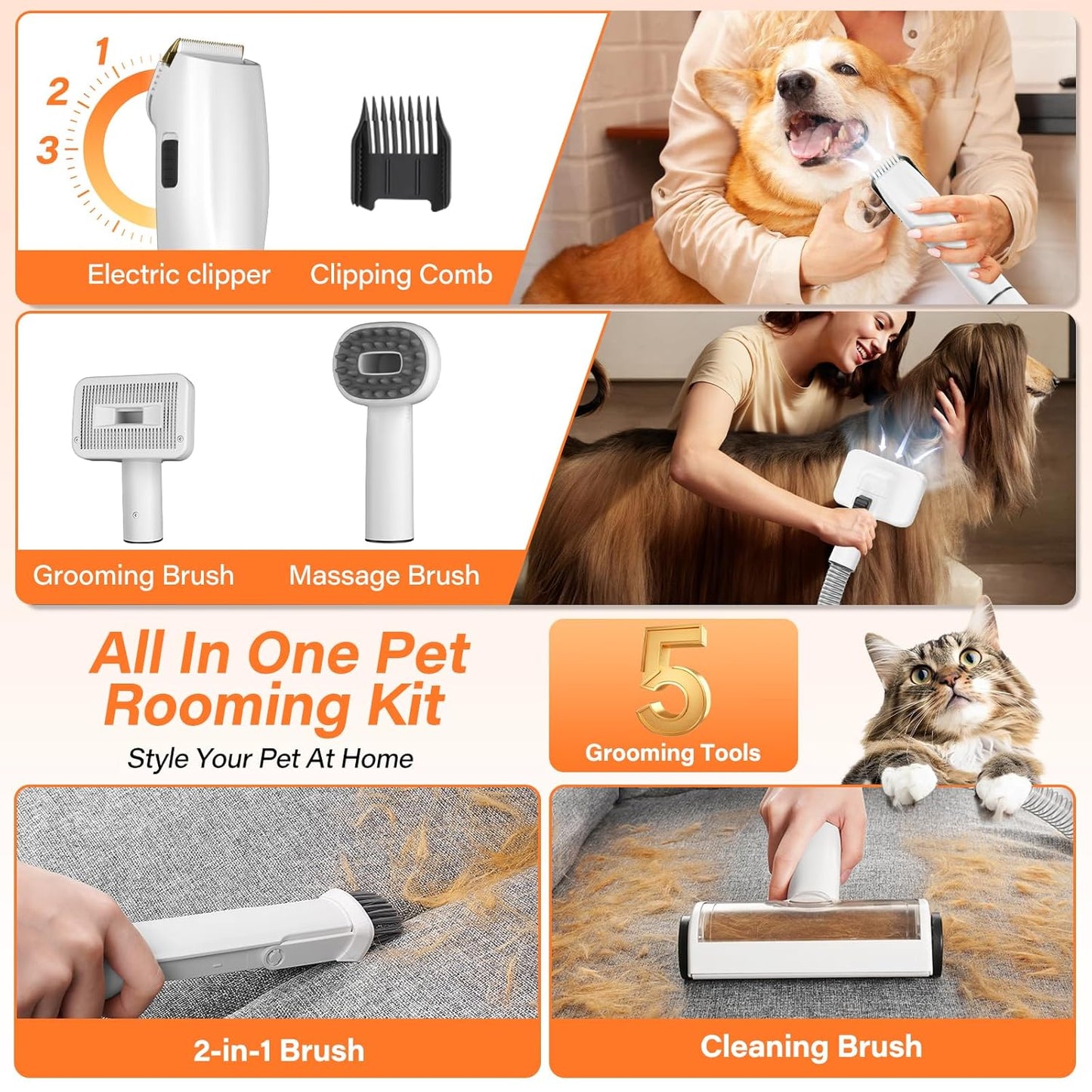 Dog Grooming Kit, 12000Pa Strong Pet Grooming Vacuum for Shedding with 5 Pet Grooming Tools for Dogs and Cats,1.5L Large Capacity, Black