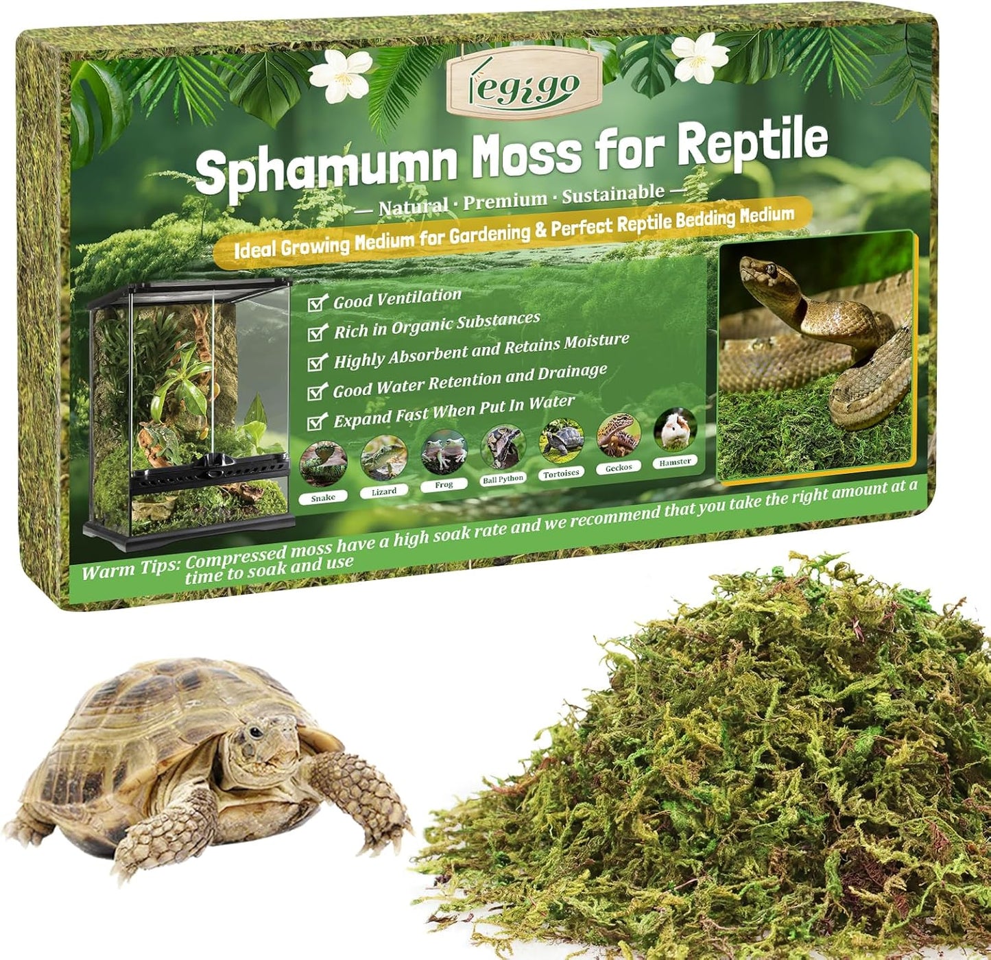 Legigo 3.5 OZ Sphagnum Moss for Reptile- 4 QT Natural Reptile Moss Terrarium Moss Substrate, Snake Tank Moss Peat Moss Reptile Bedding for Snake, Gecko, Ball Python, Frog and Orchids Plants