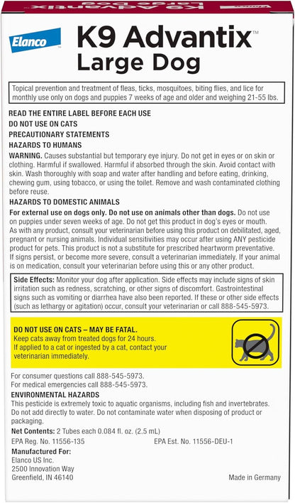 K9 Advantix Flea, Tick & Mosquito Prevention for Dogs 21-55 lbs. | Flea Drops for Large Dogs | Apply Monthly | 4 Treatments (Pack of 2)