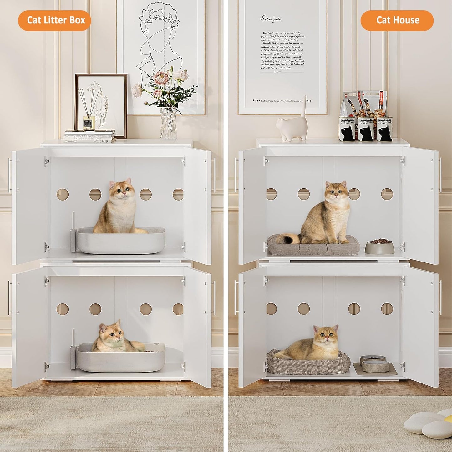 Cat Litter Box Enclosure, Farmhouse Rustic Wooden Cat Washroom Furniture with Barn Doors, Hidden Litter Box Cabinet End Table for Indoor Home, White