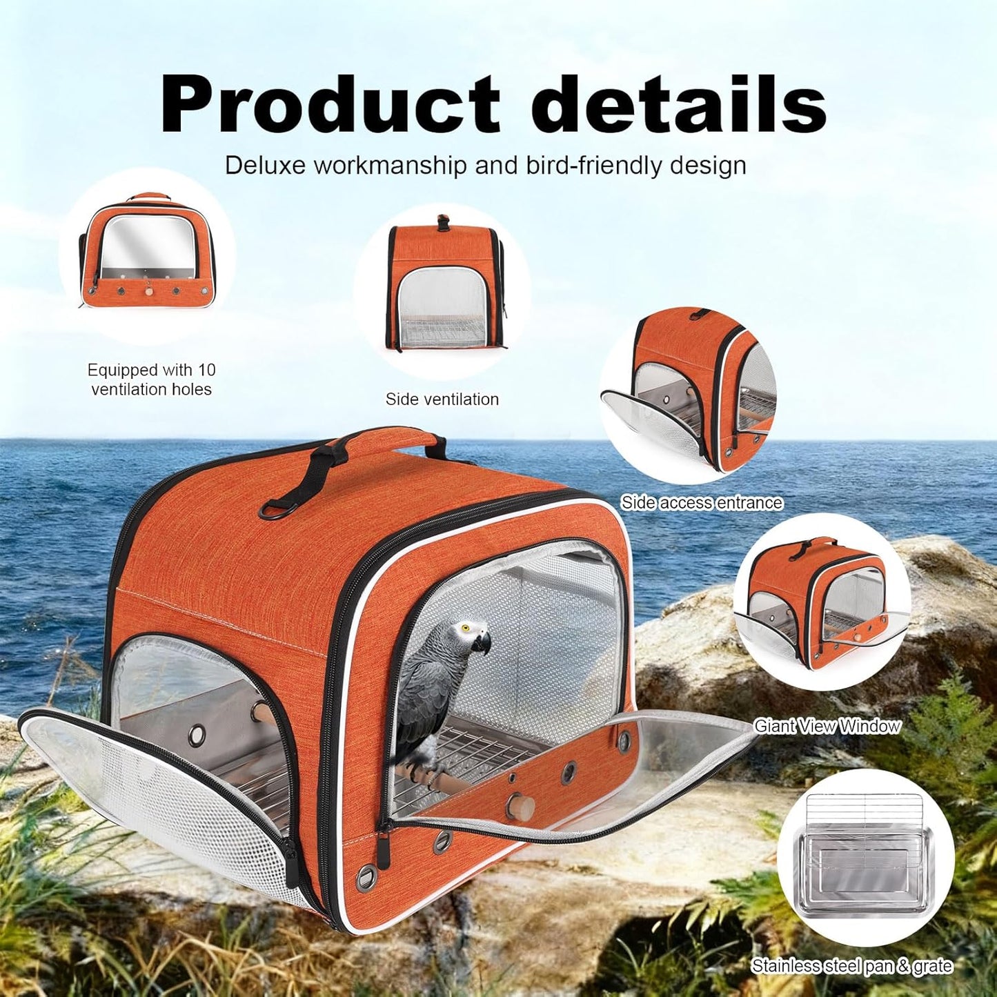 halinfer Large Bird Carrier Cage, Portable Bird Carrying Bag with Metal Tray and Grate to Transport Medium and Large Birds Like African Grey, Long Tail Cockatiel and Parrot