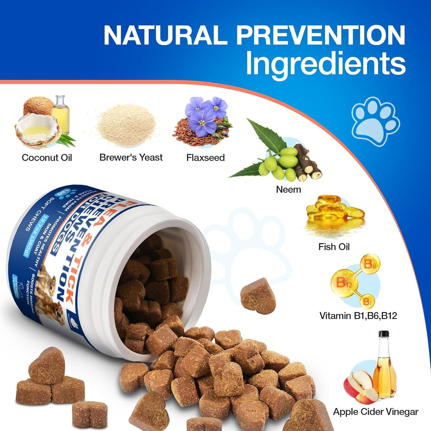 Flea and Tick Prevention for Dogs Chewables, Natural Dog Flea and Tick Treatment, Oral Flea Pills for Dogs Puppy, Skin & Coat Support Supplement