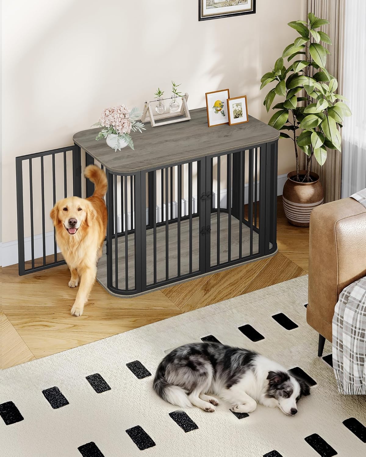 39.4'' Dog Crate Furniture, L Indoor Dog Kennel Dogs Cage, Modern Decorative Pet House for Small/Medium/Large Dogs, Anti-Chew & Anti-Escape, Kennel End Side Table, Greige Black DFC88705B
