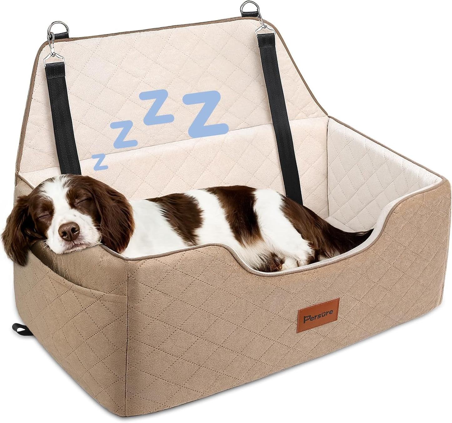 Dog Car Seat for Large-Medium Dogs: Pet Car Seat, Detachable Washable Dog Booster Seat, Pet Travel Bed with Storage Pockets and Dogs Safety Belt (Coffee, Large)