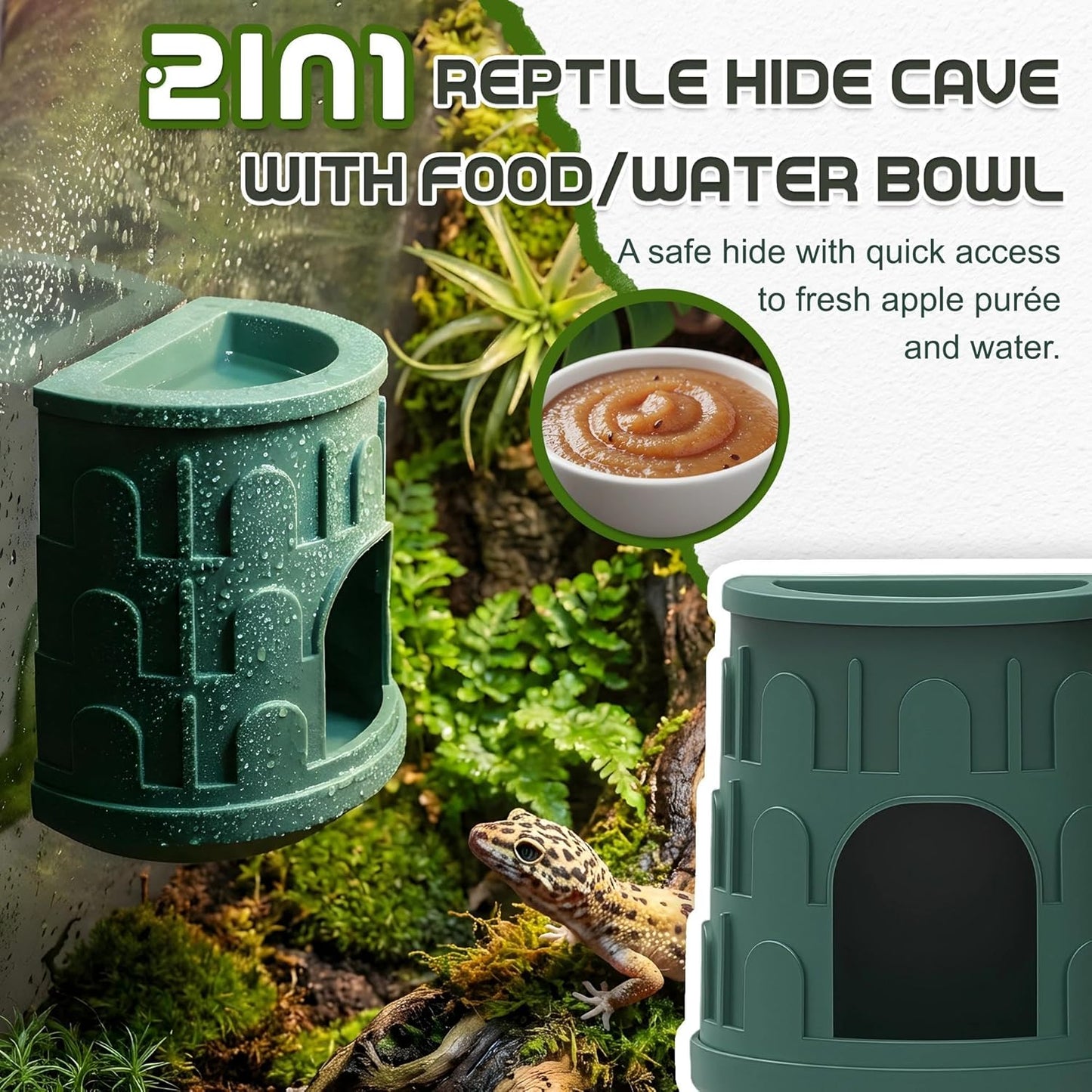 Wall Mount Reptile Hide Cave with Food Bowl for Terrarium Habitat Setup, Cute Hide with Treats Bowl, Essential and Safe Hideout for Gecko, Spider, Lizard, Hamster, Crab