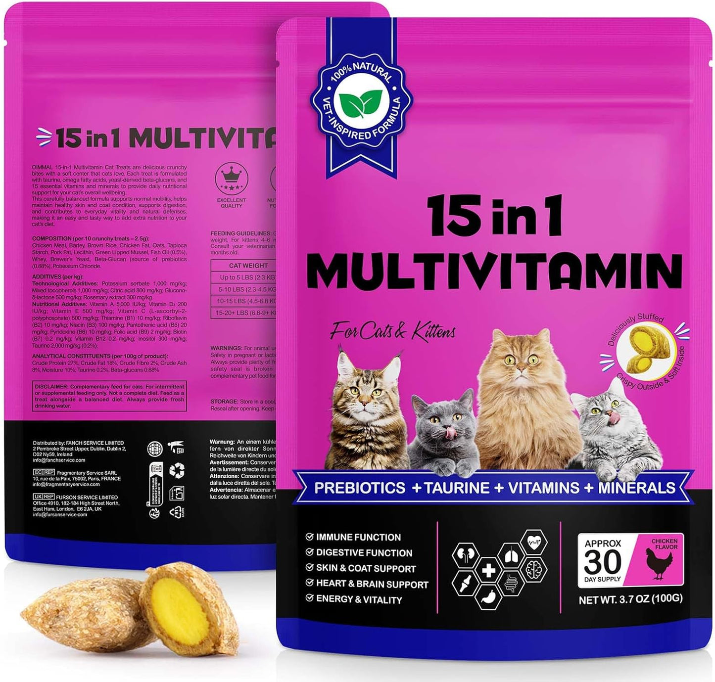 Cat Multivitamin Treats, 15-in-1 Cat Chews for Health, Immune, Digestive, Skin & Coat - Chicken Flavor Soft-Crunchy Bites with Taurine, Omega Fatty Acids, Prebiotics & Vitamins (3.7 oz)