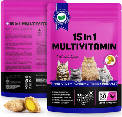 Cat Multivitamin Treats, 15-in-1 Cat Chews for Health, Immune, Digestive, Skin & Coat - Chicken Flavor Soft-Crunchy Bites with Taurine, Omega Fatty Acids, Prebiotics & Vitamins (3.7 oz)