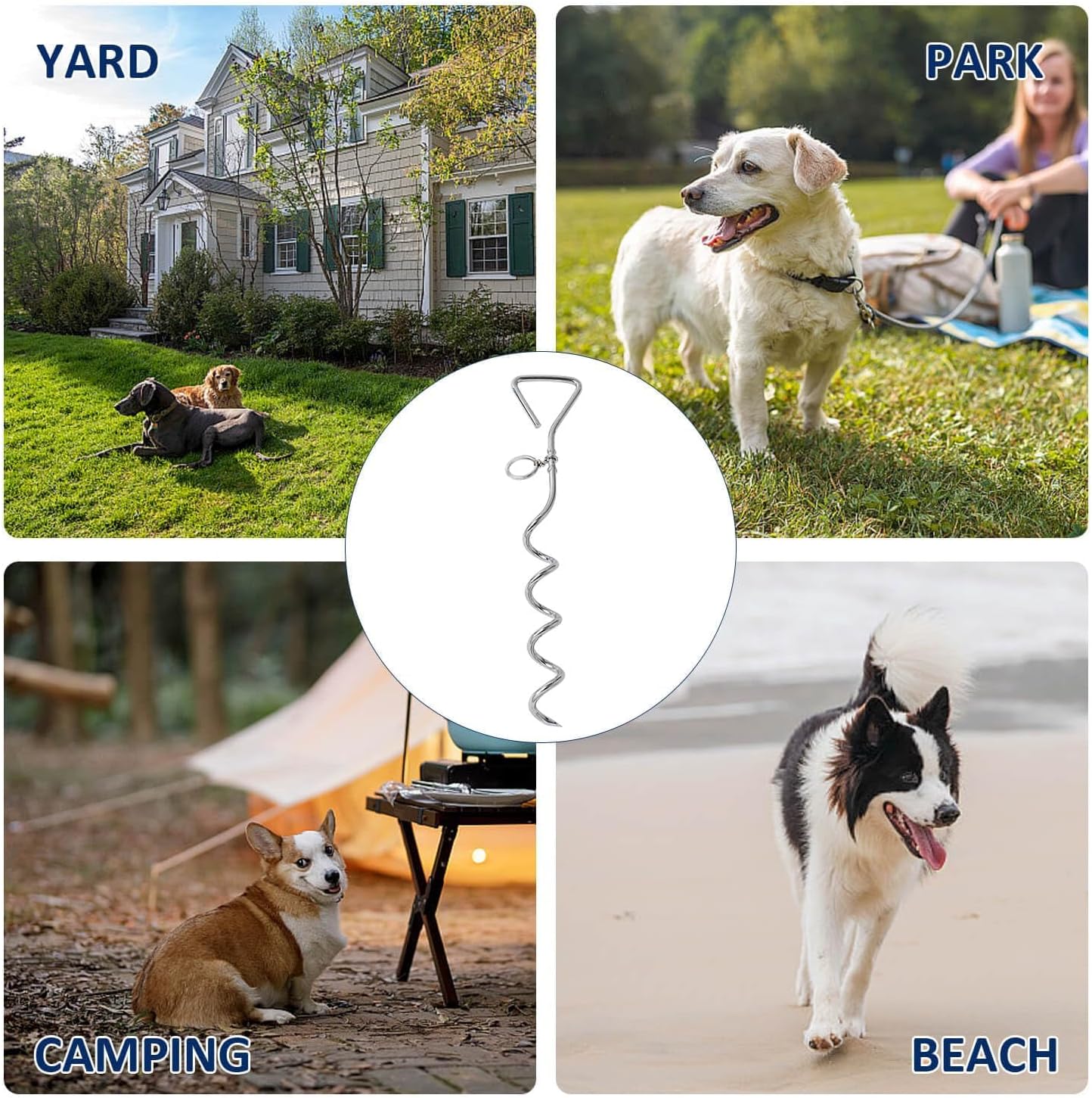 WePet Dog Tie-Out Stake, Durable Silver Spiral Anchorstake, Secure Outdoor Tethering for All Cable Leash Chain, Camping Yard, Rust-Resistant, Easy Installation, Medium, 16 Inch