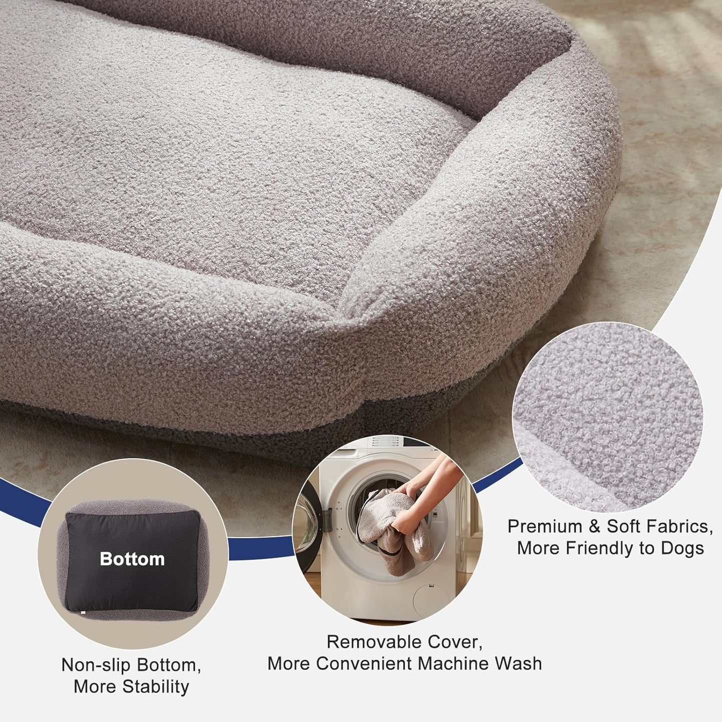 FURTIME Washable Dog Bed Large Sized Dogs, Washable Comfy Fluffy Large Dog Bed, Removable Zipper Cover Machine Wash, Soft Orthopedic Bed Durable Pet Cuddler with Anti-Slip Bottom, 36"x27"x8", Grey