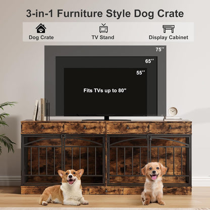 GarveeHome Dog Crate Furniture for 2 Dogs, Dog Kennel Indoor with 4 Storage Drawers and Feeding Bowls, Double Dog Crate TV Stand for Small Medium Dogs, Brown