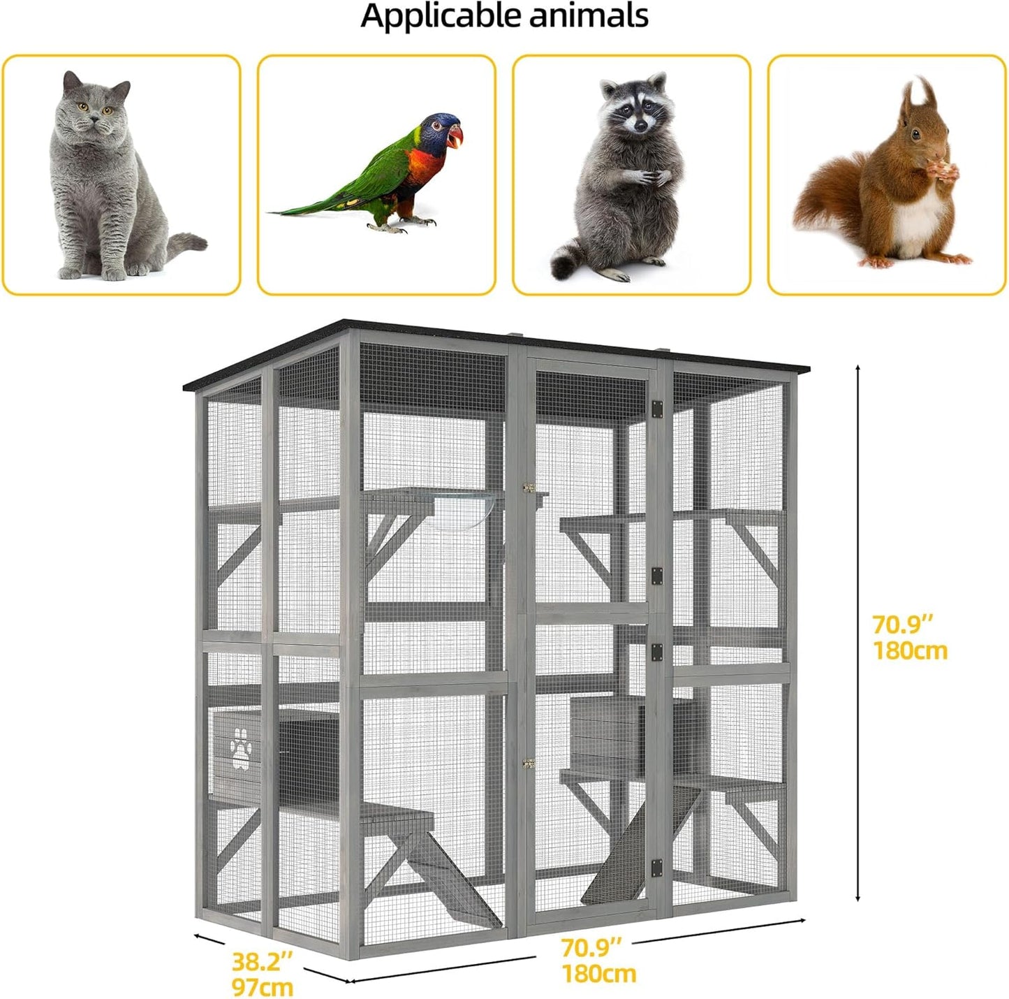 DWVO Cat House Outdoor Catio Kitty Enclosure 71" Walk in Cat Kennel Large Kitten Cage with Platforms, 2 Cats Scratcher Ramp and Small Cats House, Space Capsule Bed