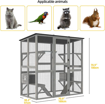DWVO Cat House Outdoor Catio Kitty Enclosure 71" Walk in Cat Kennel Large Kitten Cage with Platforms, 2 Cats Scratcher Ramp and Small Cats House, Space Capsule Bed