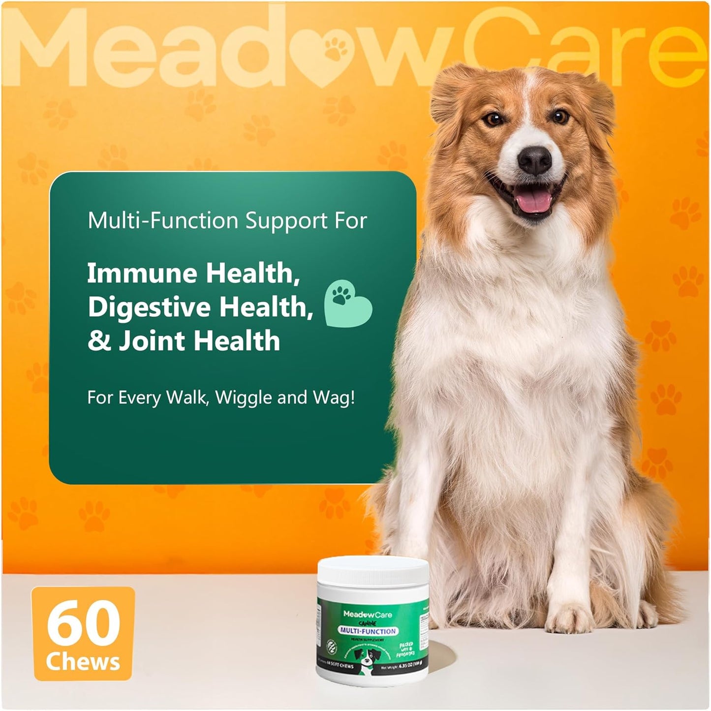 Multi-Function Supplement for Dogs | Supportive Daily Nutritional Soft Chews | Joint Mobility, Skin & Coat | Immune Support with Probiotics | 60 Count, 180 g (6.35 oz) | by Meadowcare