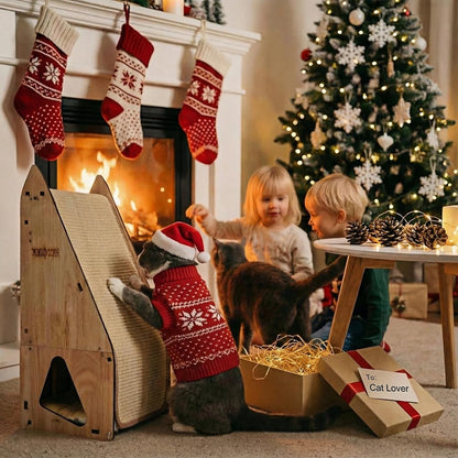 Cat Scratching Post Set: Enhanced Wood-Framed Cat Scratch Post (24in) + Cat Scratch Protector Pads (Beige)