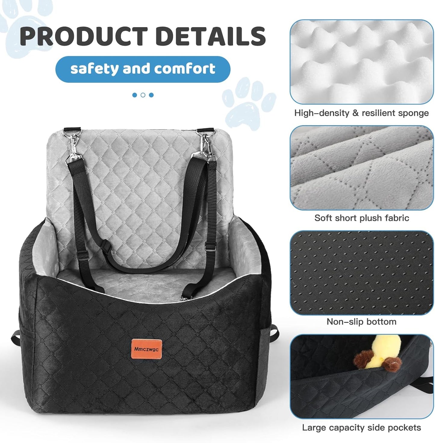 Dog Car Seat for Small/Medium Dogs Under 35 lbs – Pet Booster Seat with 6-inch Memory Foam, Dog Car Bed with Removable and Washable Cover, 2 Safety Belts and 2 Storage Bags