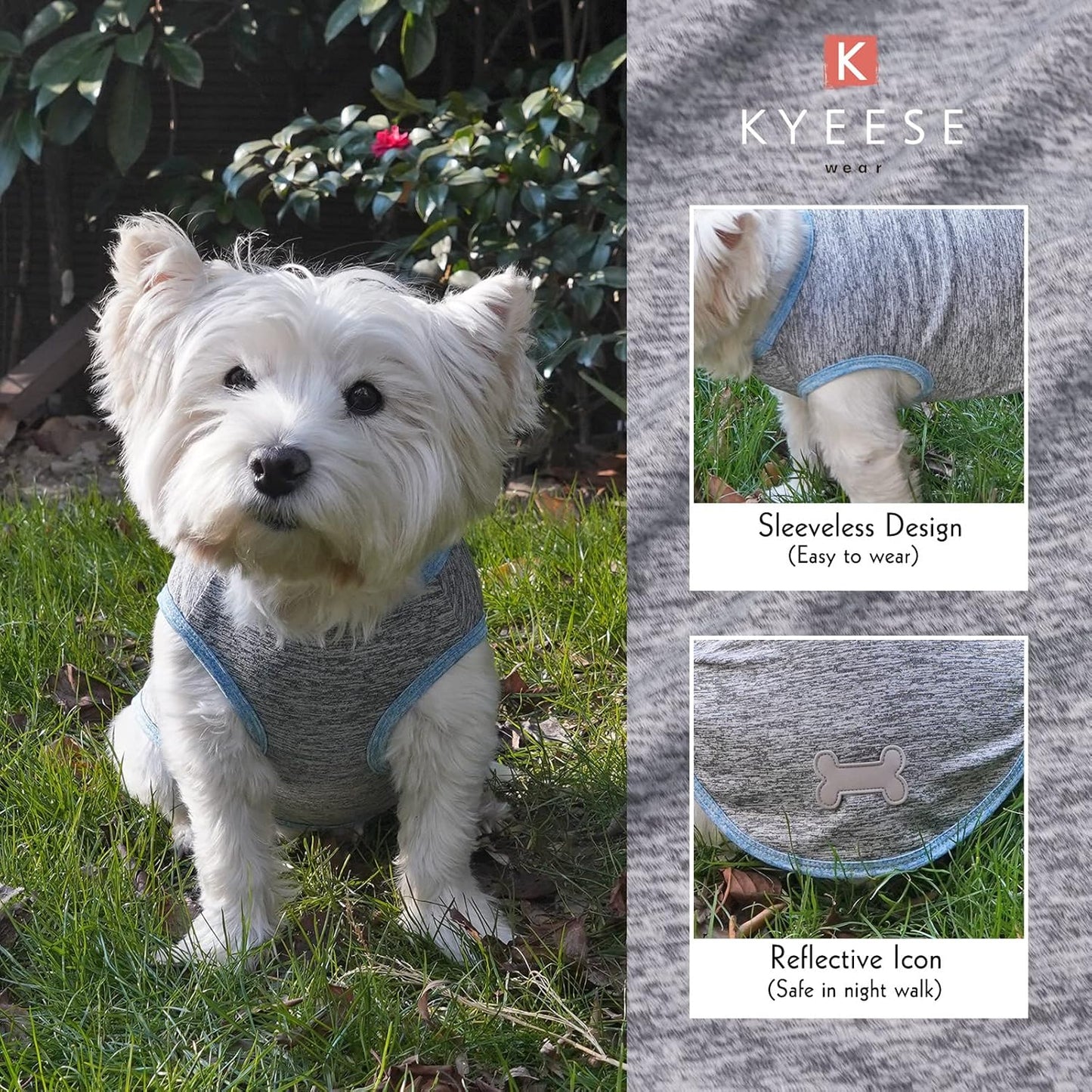 KYEESE 2 Pack Dog Shirts Quick Dry Soft Stretchy Dog T-Shirts with Reflective Label Tank Top Sleeveless Vest Sun Protection Pet Clothes for Small Dogs, Large, Light Blue+Grey