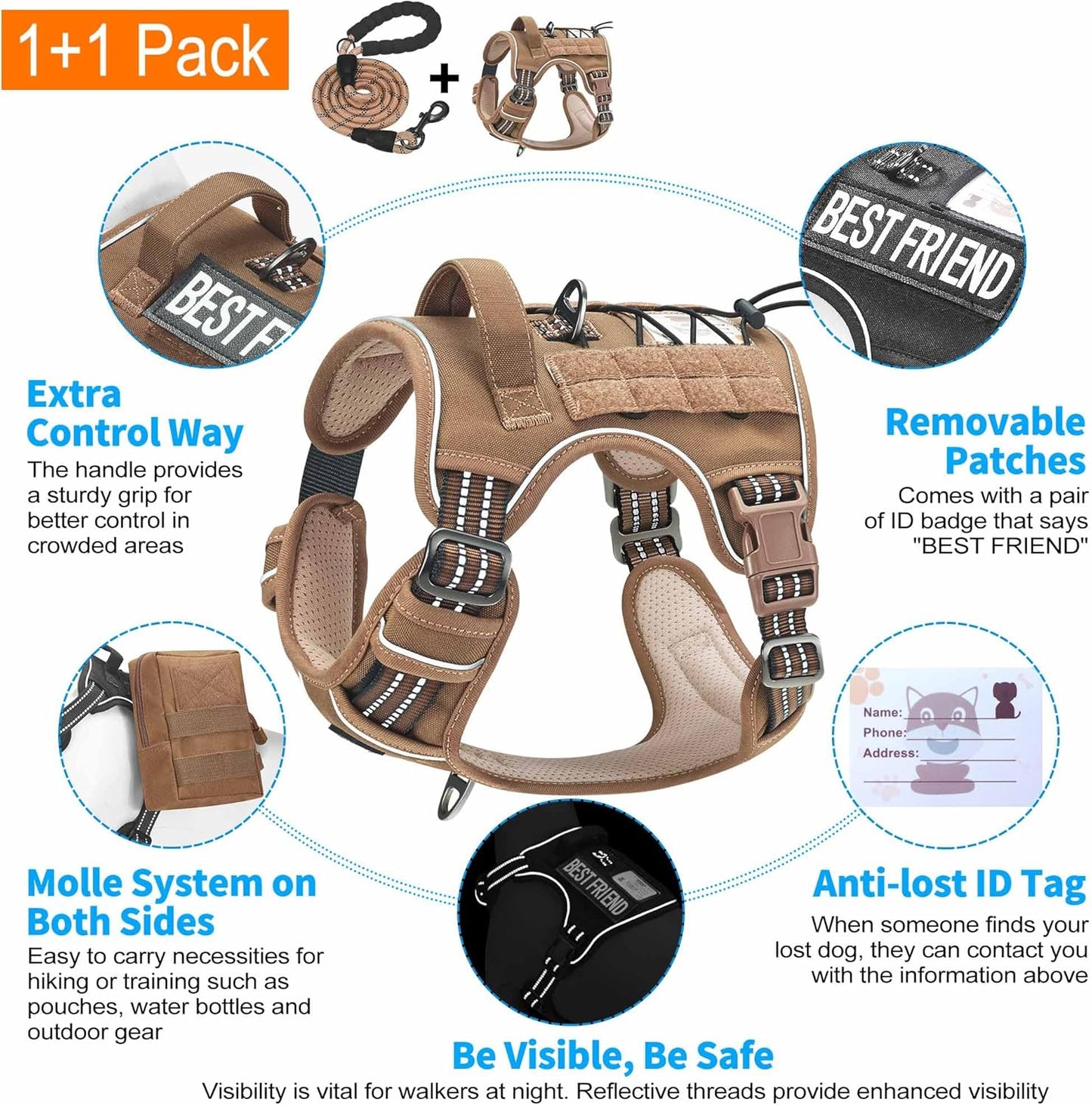 Heavy Duty Tactical Dog Harness for Large Dogs, No Pull Adjustable Pet Harness Reflective Service Training Easy Control Pet Vest Military K9 Working Dog Harnesses-X- Large, Brown